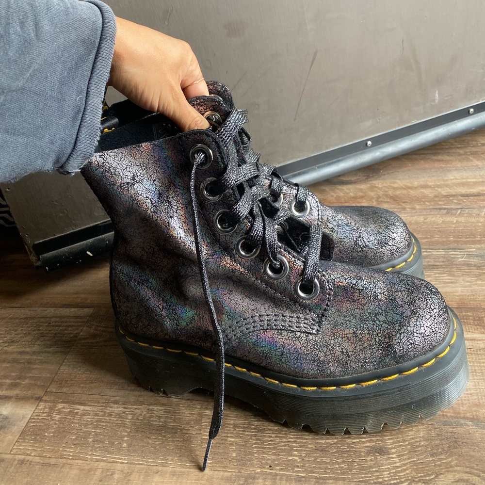 Dr Martens Molly Iridescent Crackle Platform Boots in Gunmetal